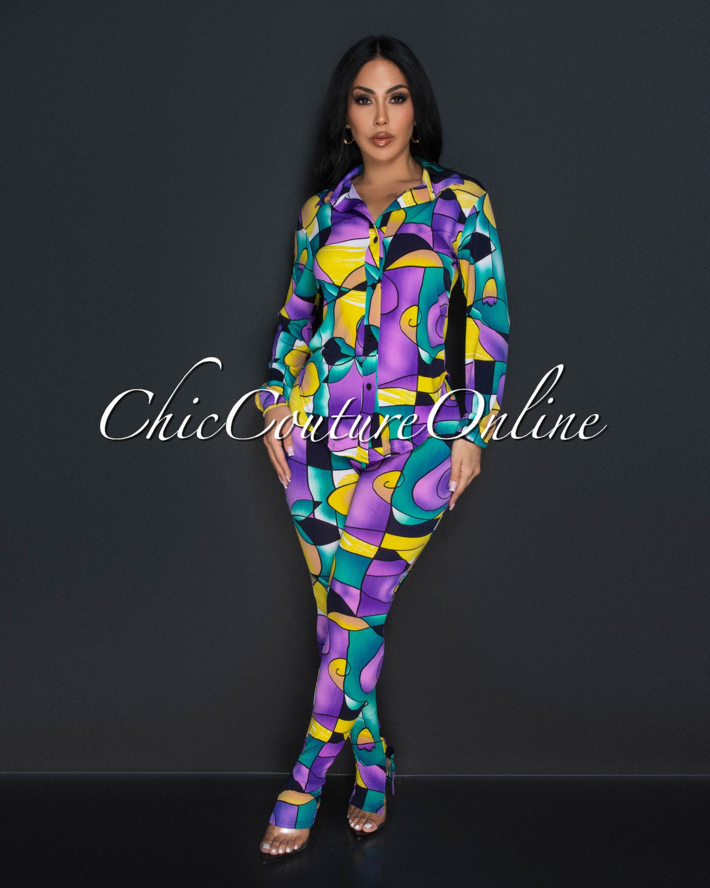 Luza Purple Black Print Shirt & Slit Leggings Set