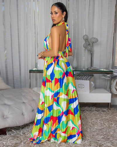 Delray Multi-Color Print Silky Halter Maxi Dress