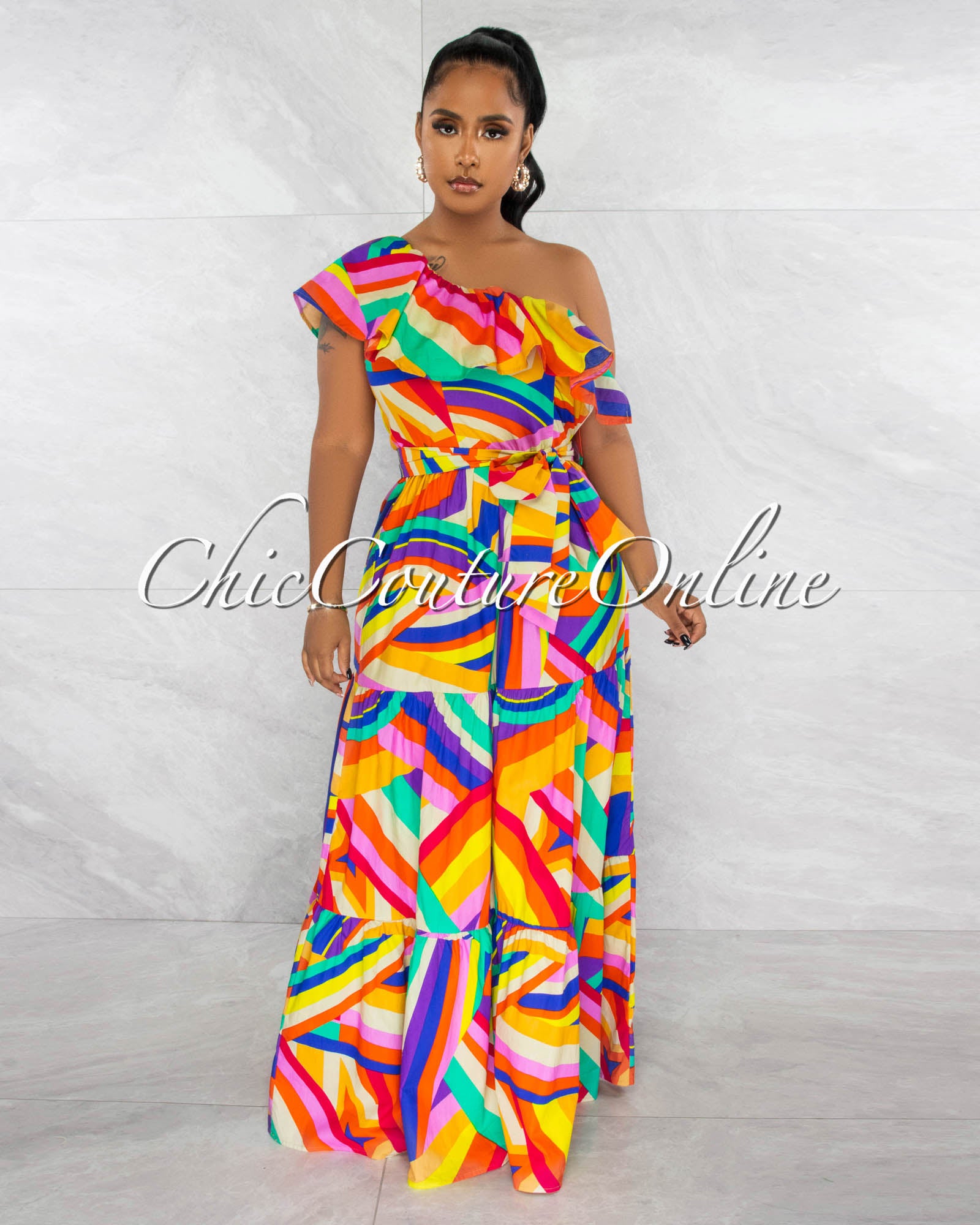 *Rosalinda Multi-Color Print Single Shoulder Ruffle Maxi Dress