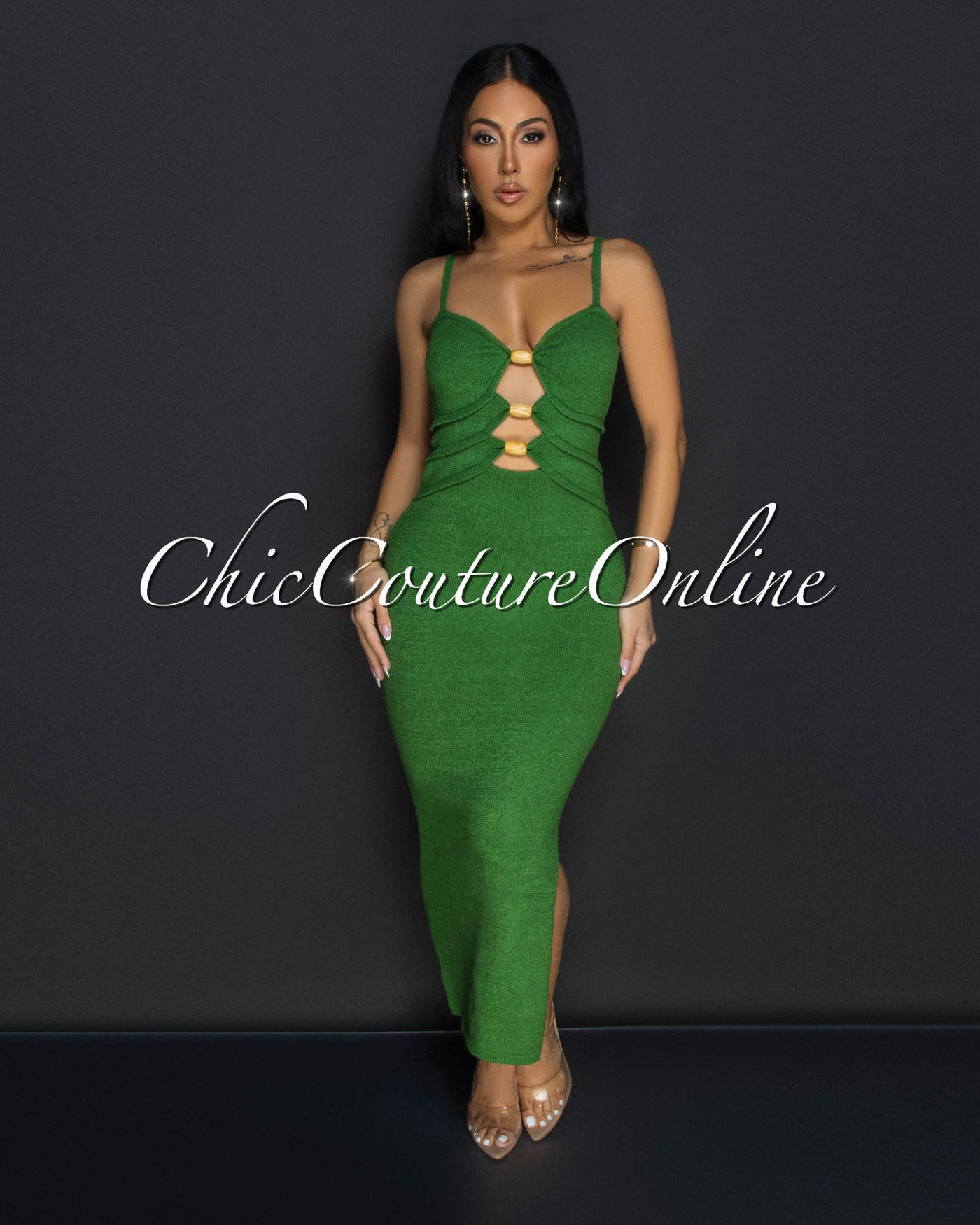 Ariah Green Wood Accent Knit Midi Dress