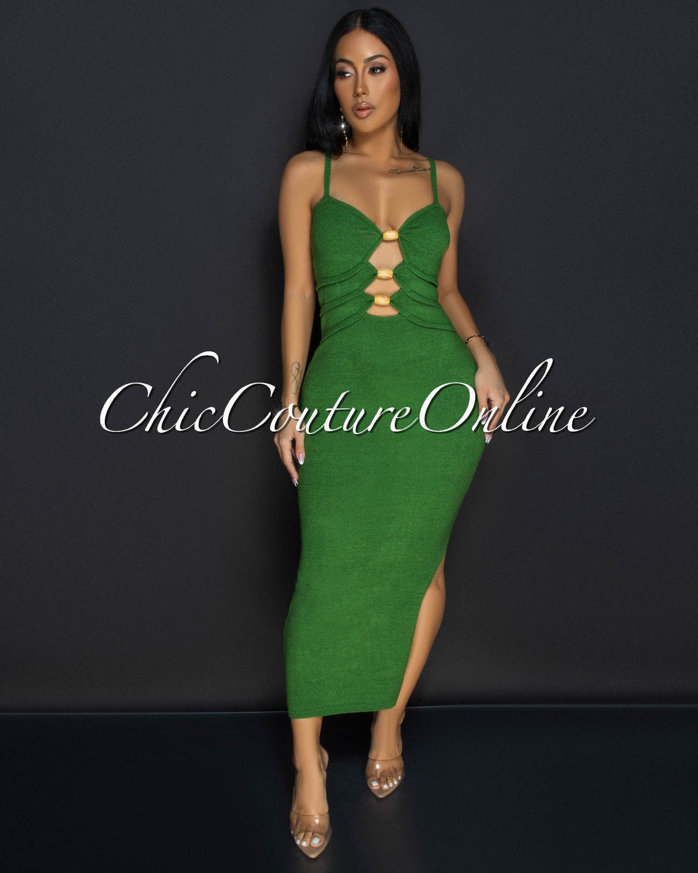 Ariah Green Wood Accent Knit Midi Dress