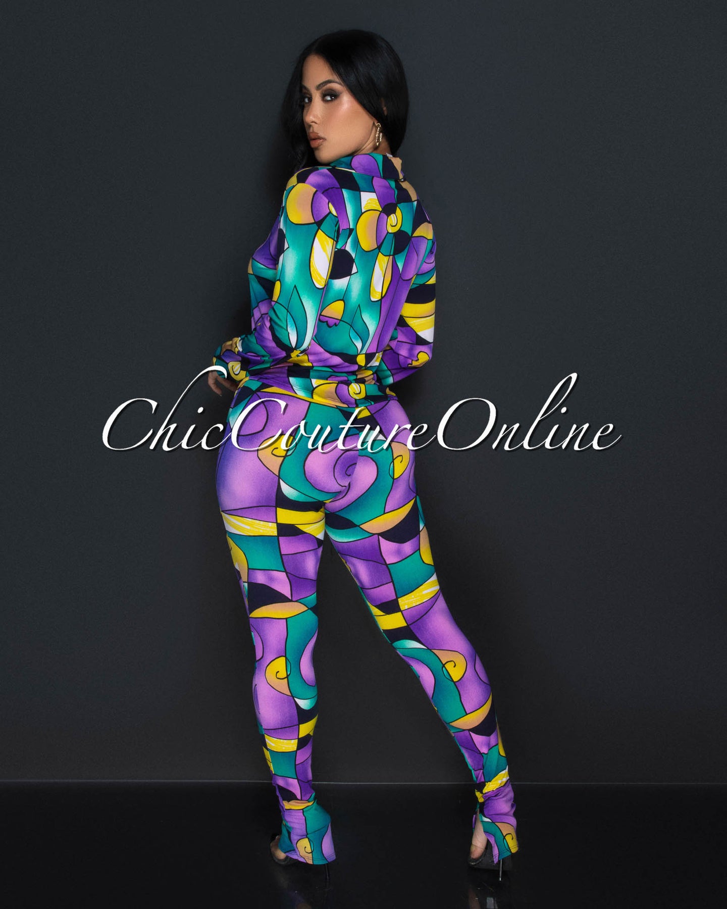 Luza Purple Black Print Shirt & Slit Leggings Set