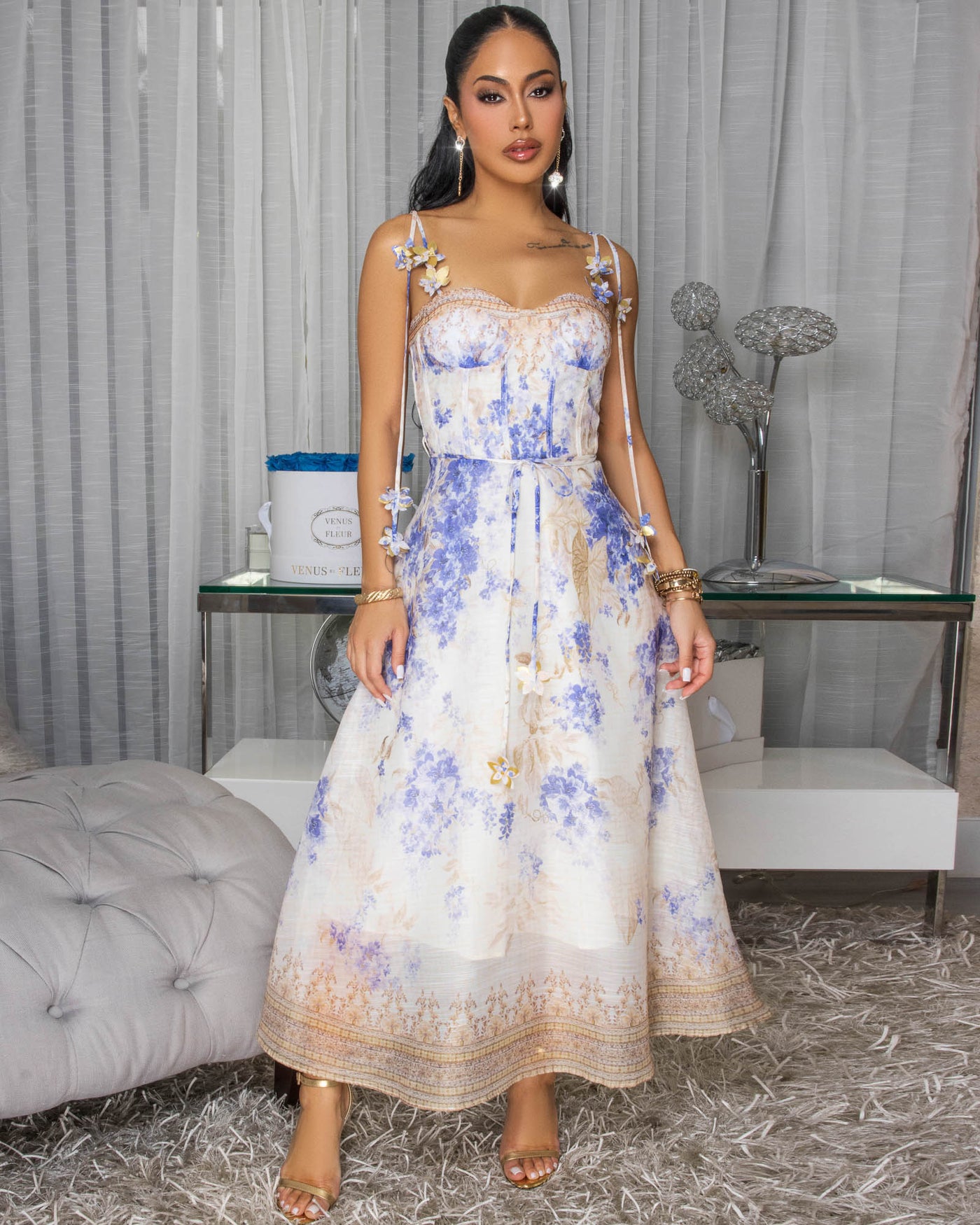 Merlyn Cream Blue Multi-Color Floral Print Midi Dress