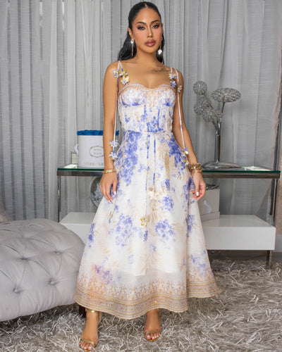 Merlyn Cream Blue Multi-Color Floral Print Midi Dress