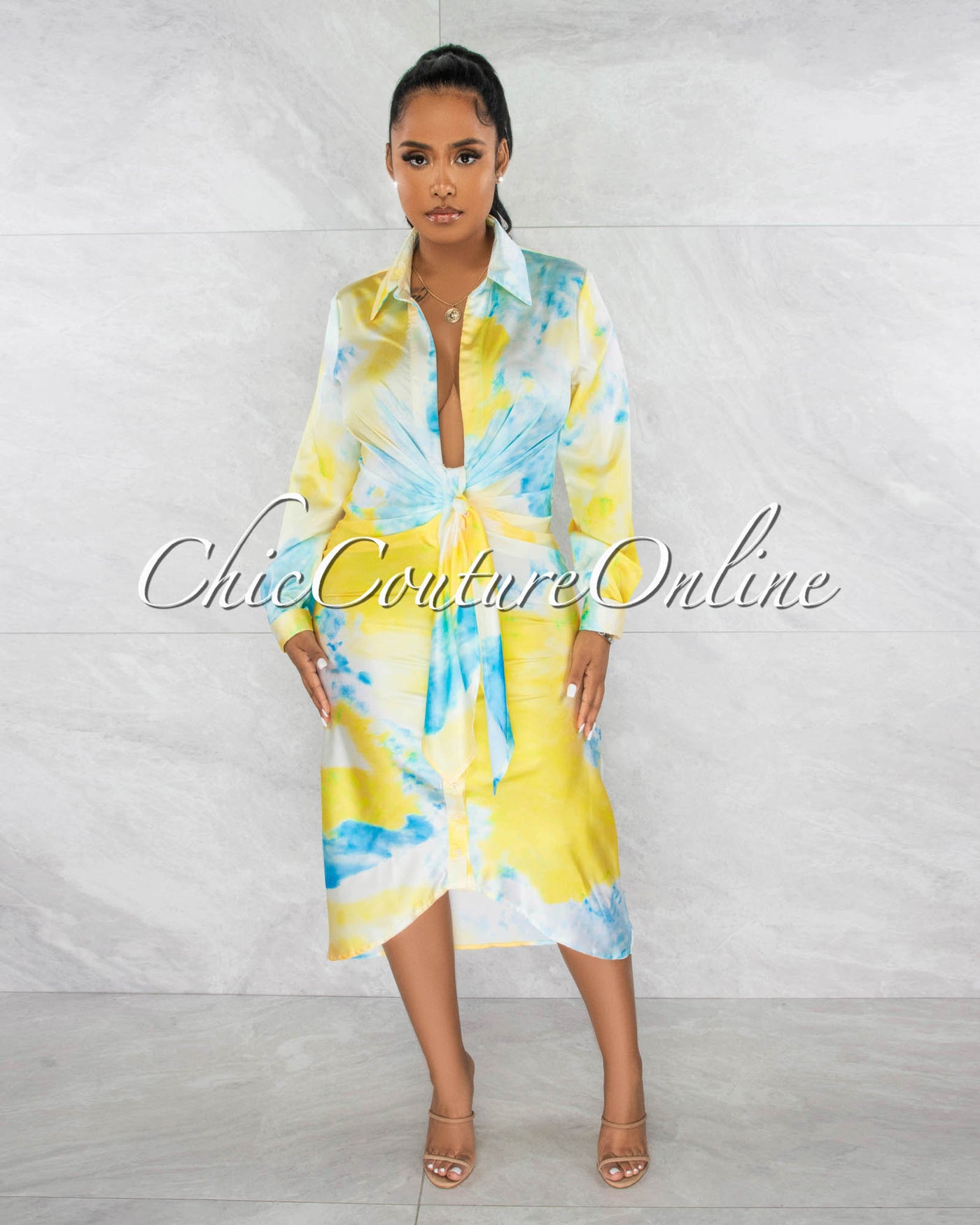 *Jordina Yellow Blue Draped Front Tie Shirt Silky Midi Dress