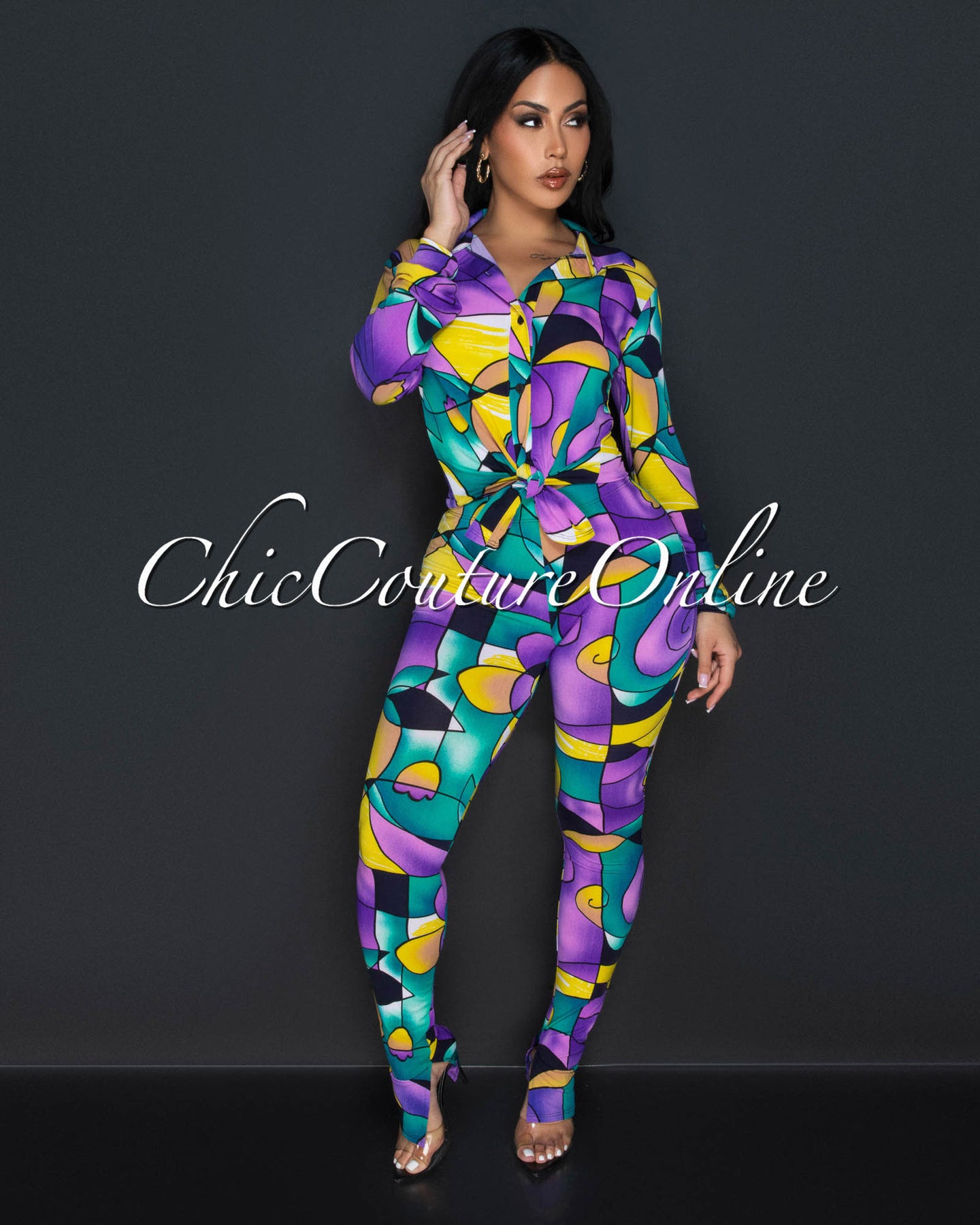 Luza Purple Black Print Shirt & Slit Leggings Set