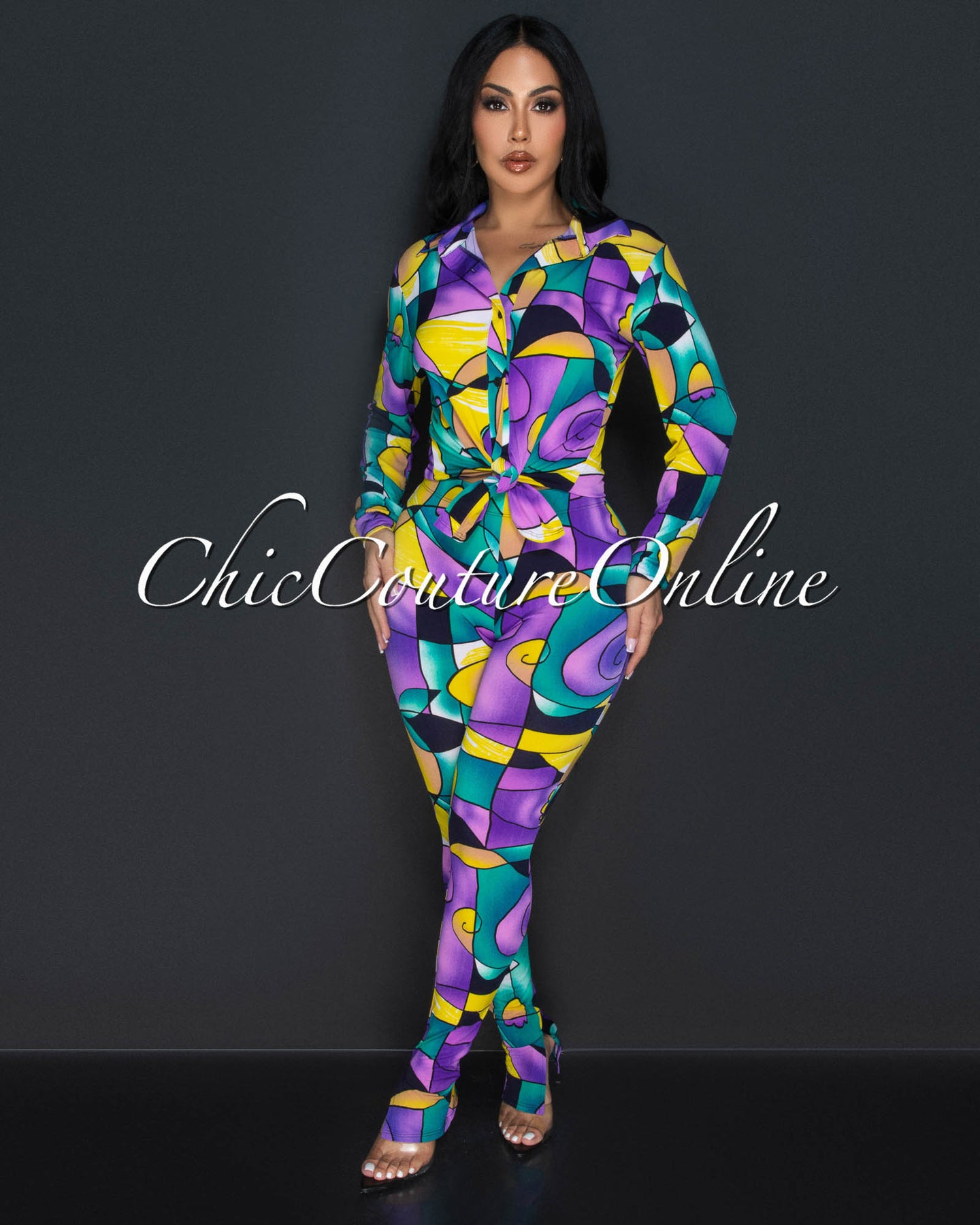 Luza Purple Black Print Shirt & Slit Leggings Set