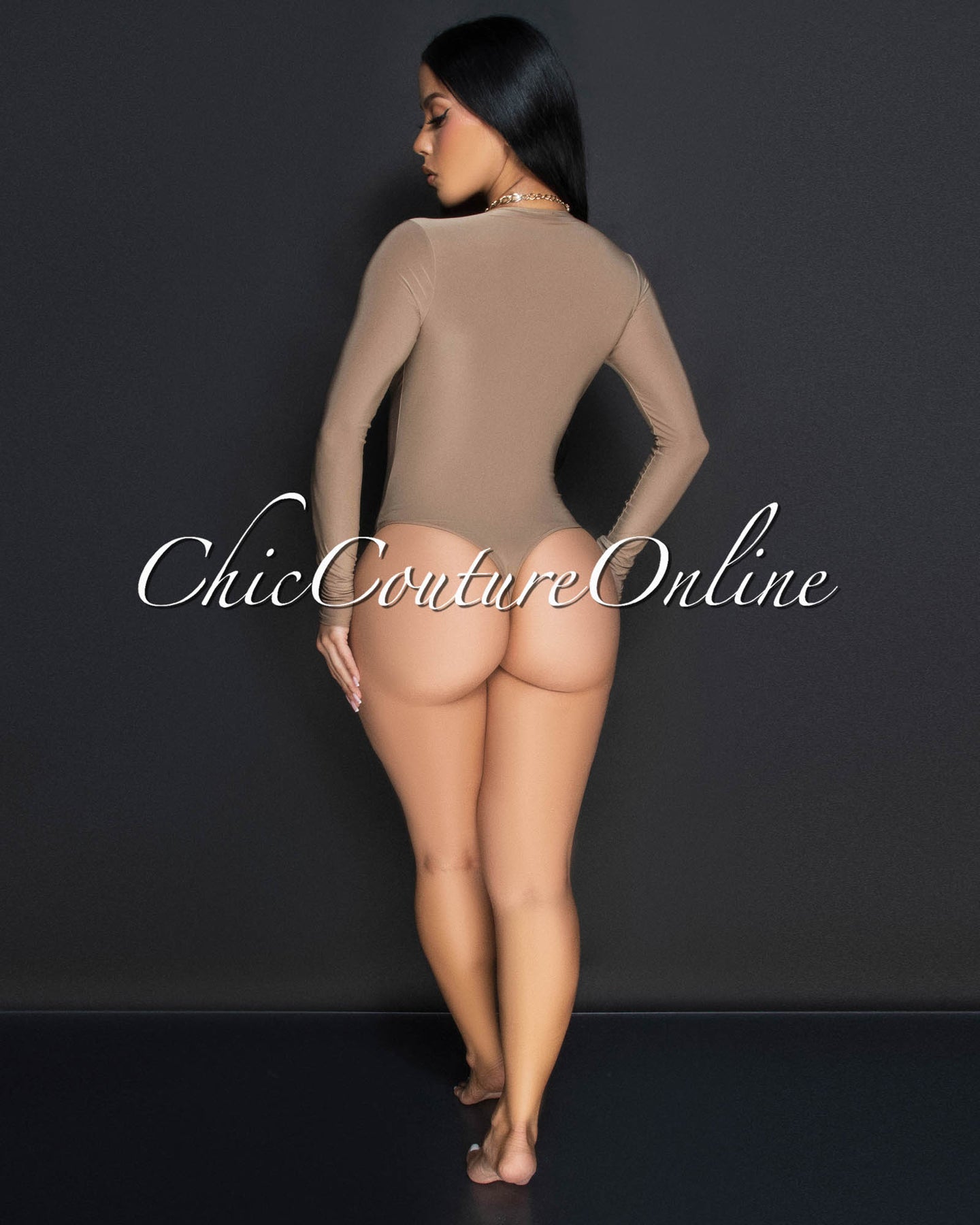 *Nilam Mocha Deep V Neck Long Sleeves Bodysuit