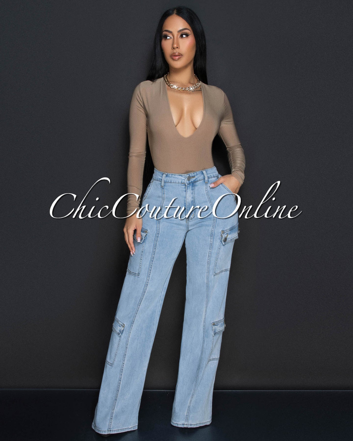 *Nilam Mocha Deep V Neck Long Sleeves Bodysuit