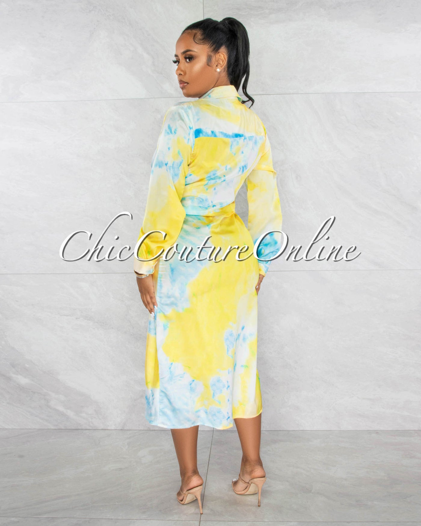 *Jordina Yellow Blue Draped Front Tie Shirt Silky Midi Dress