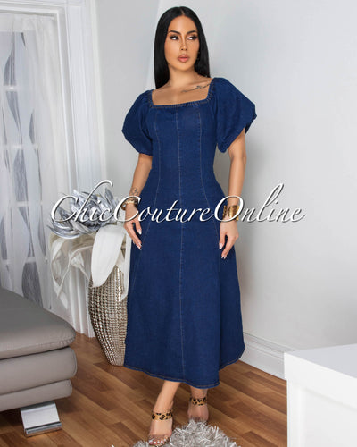 Luisa Dark Denim Off-The-Shoulder Midi Dress