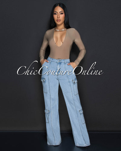 Yanira Light Blue Denim Cargo Wide Legs Jeans