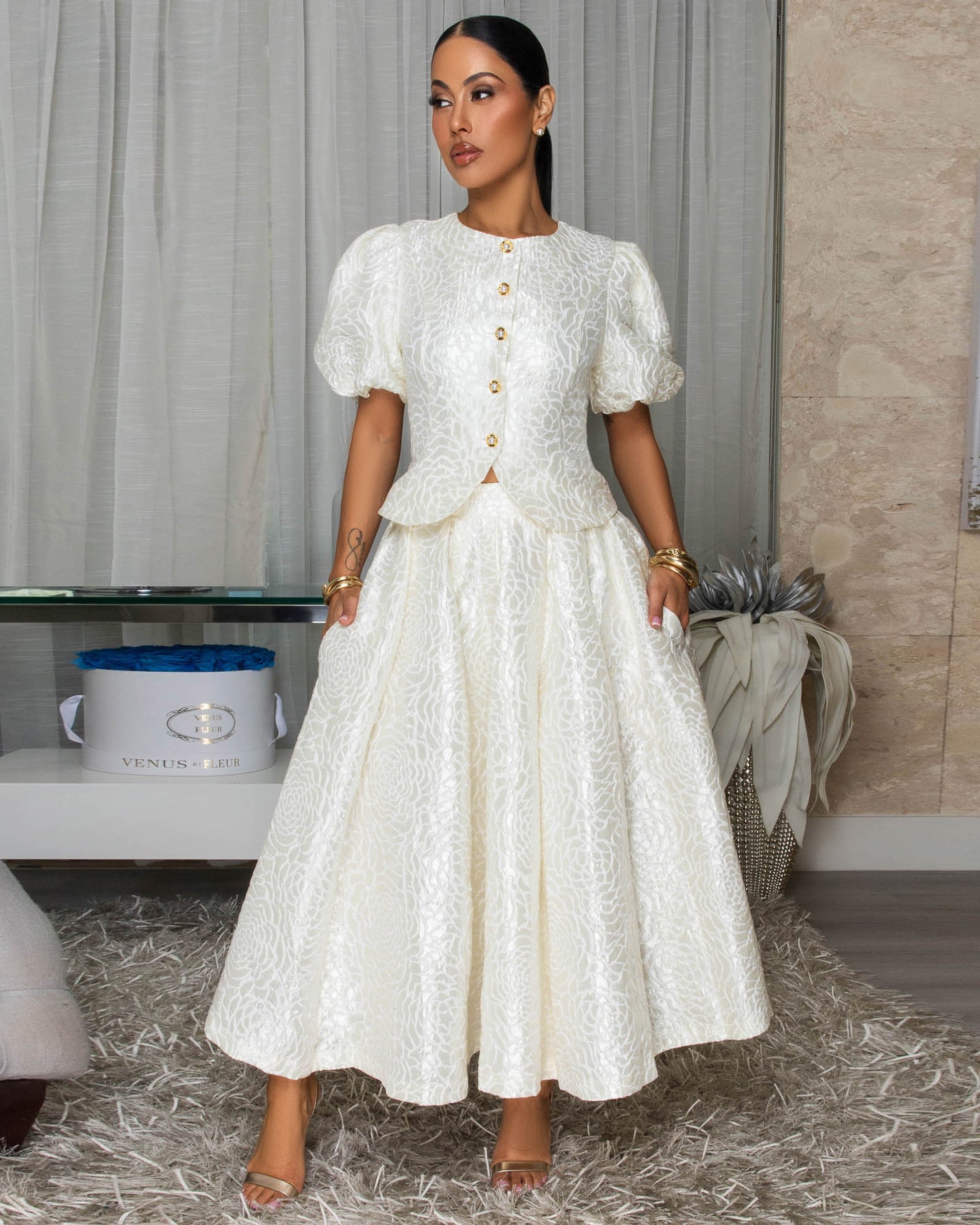 Indira Ivory Textured Woven LUXE Skirt Set