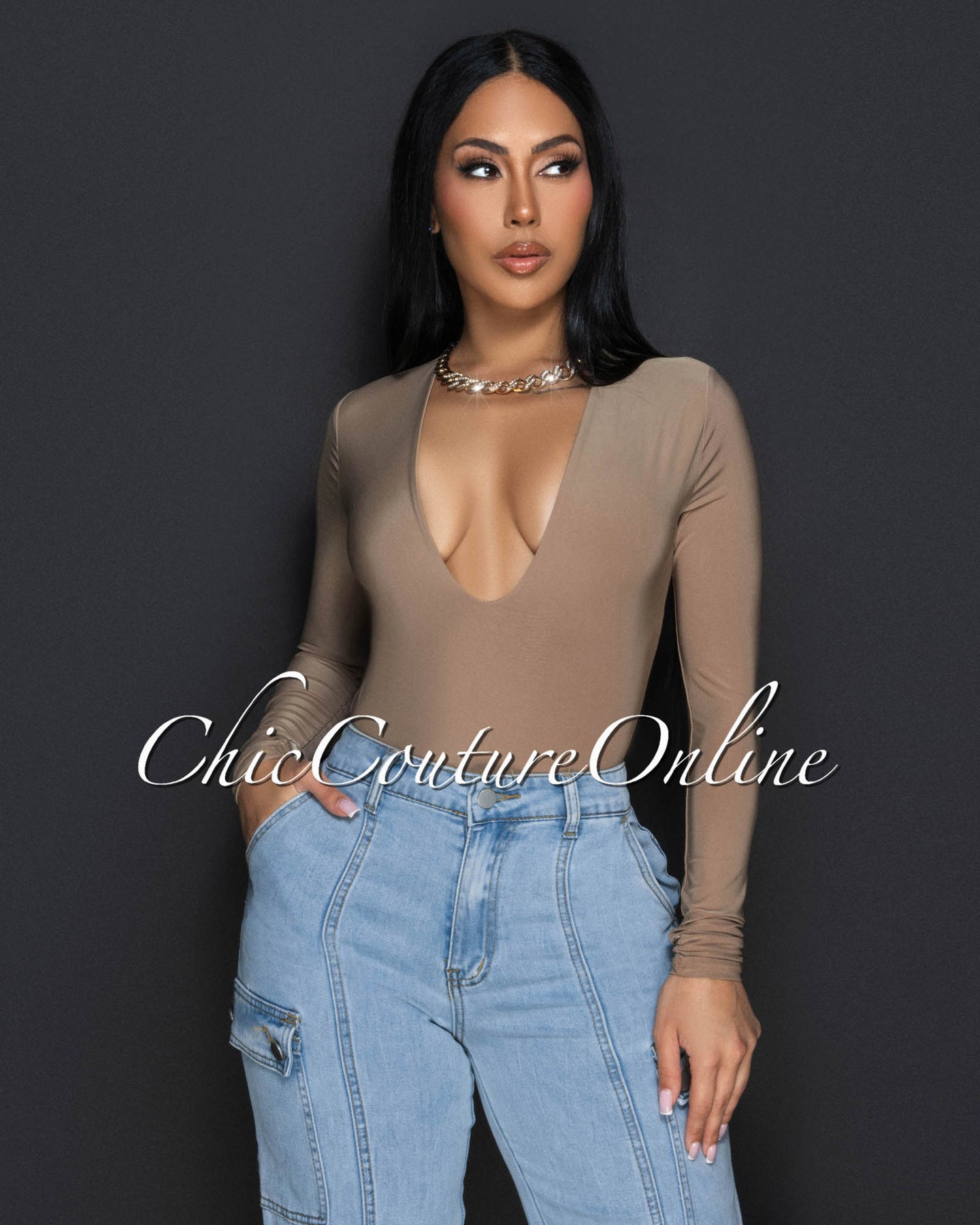 *Nilam Mocha Deep V Neck Long Sleeves Bodysuit