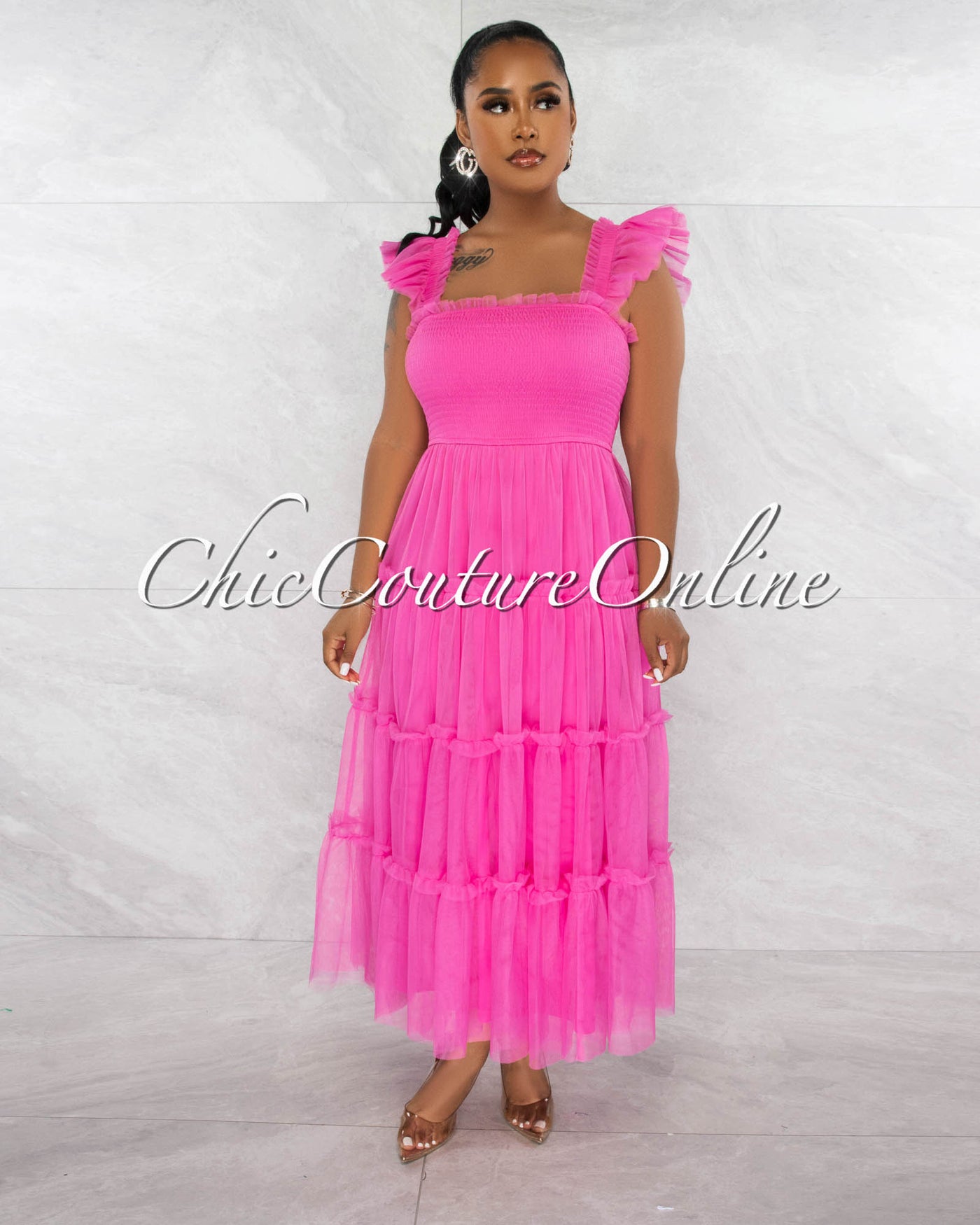 *Gilda Pink Tulle Ruffle Sleeves Maxi Dress