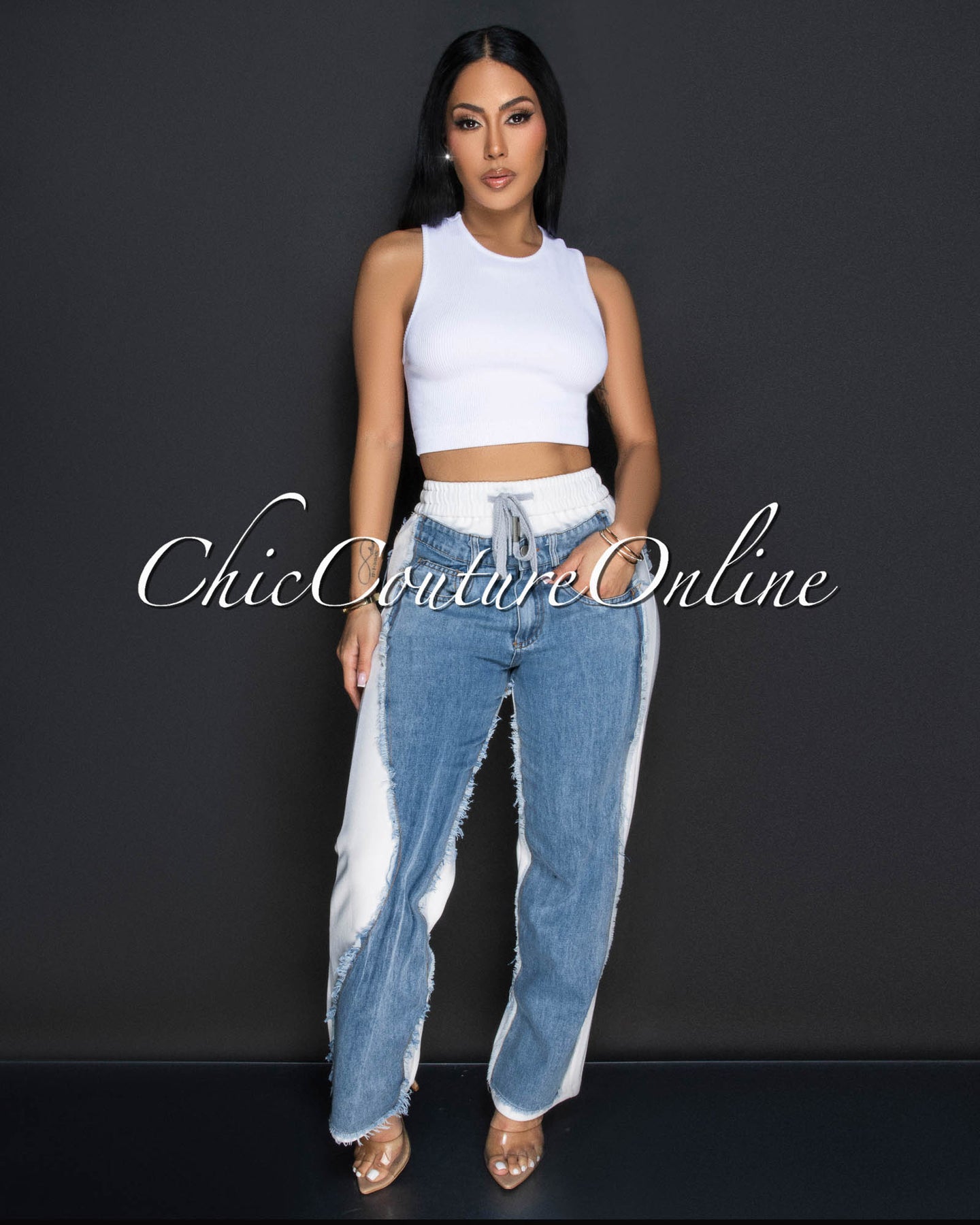 Allie White Blue Denim Sporty Wide Legs Pants