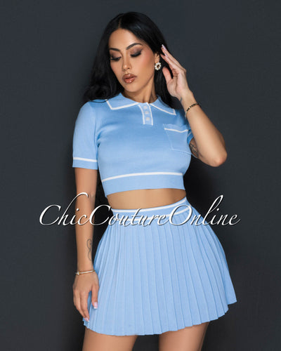 Rylie Baby Blue White Tennis Crop Top & Skirt Set