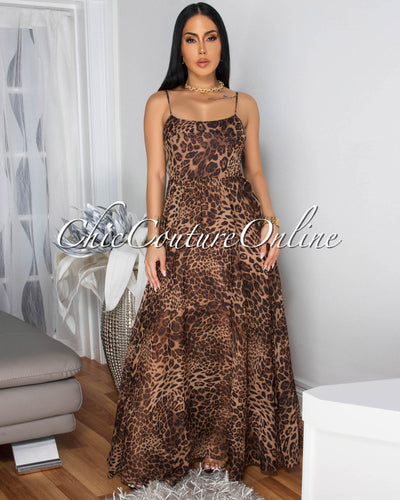 Tierra Leopard Print Tie Cut-Out Back Maxi Dress