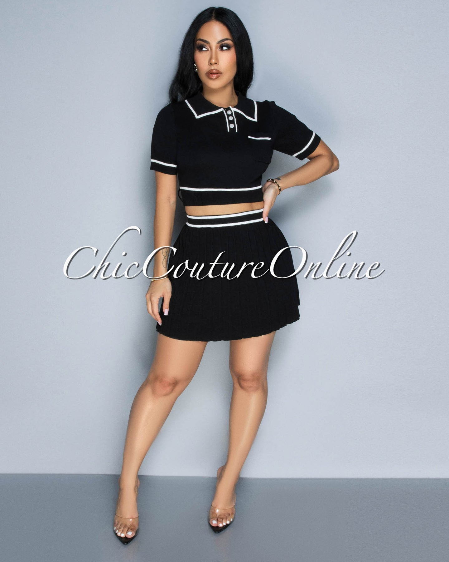Rylie Black White Tennis Crop Top & Skirt Set
