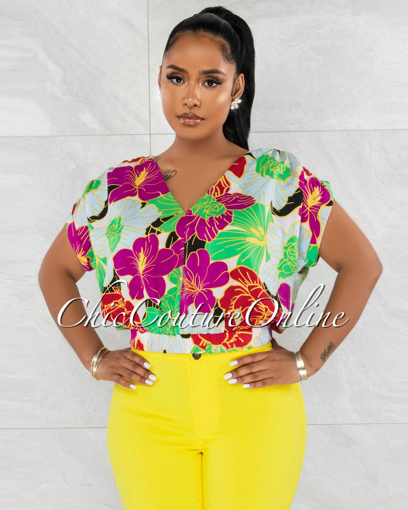 Charly Multi-Color Print V-Neck Crop Top