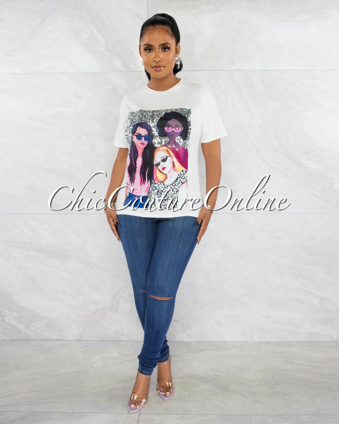 *Joelia White Front Graphic Sequins & Pearls T-Shirt