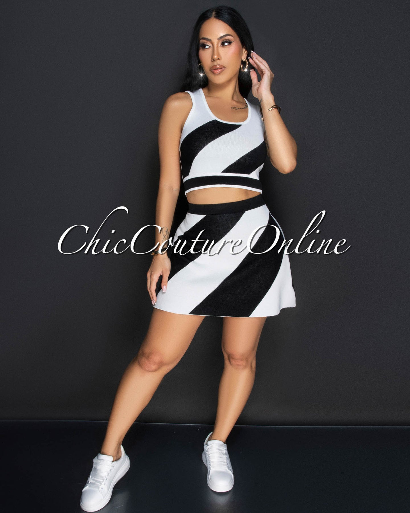 Billary Black White Crop Top & Knit Skirt Sporty Set