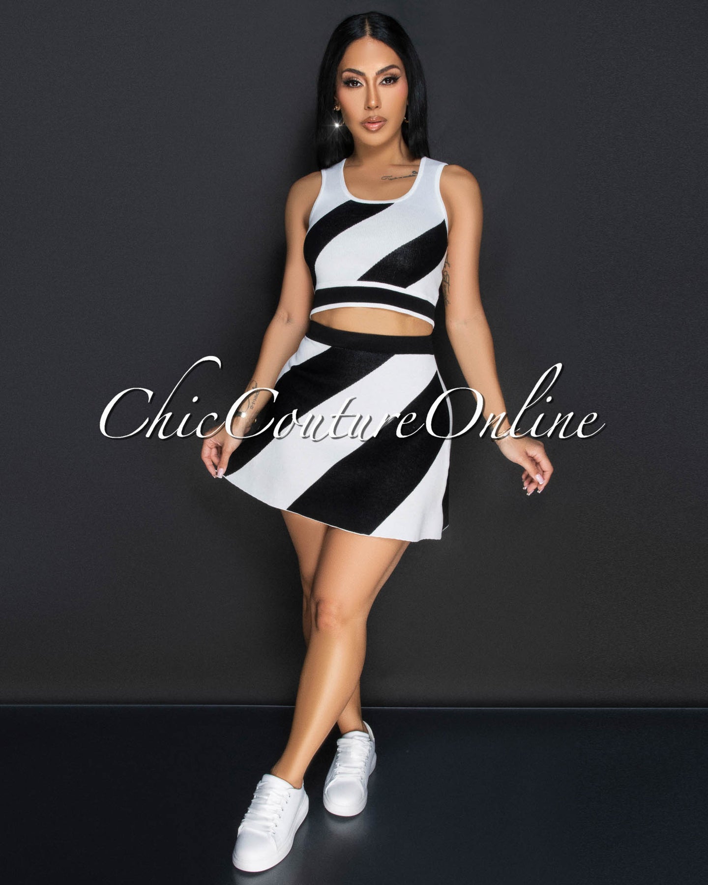 Billary Black White Crop Top & Knit Skirt Sporty Set