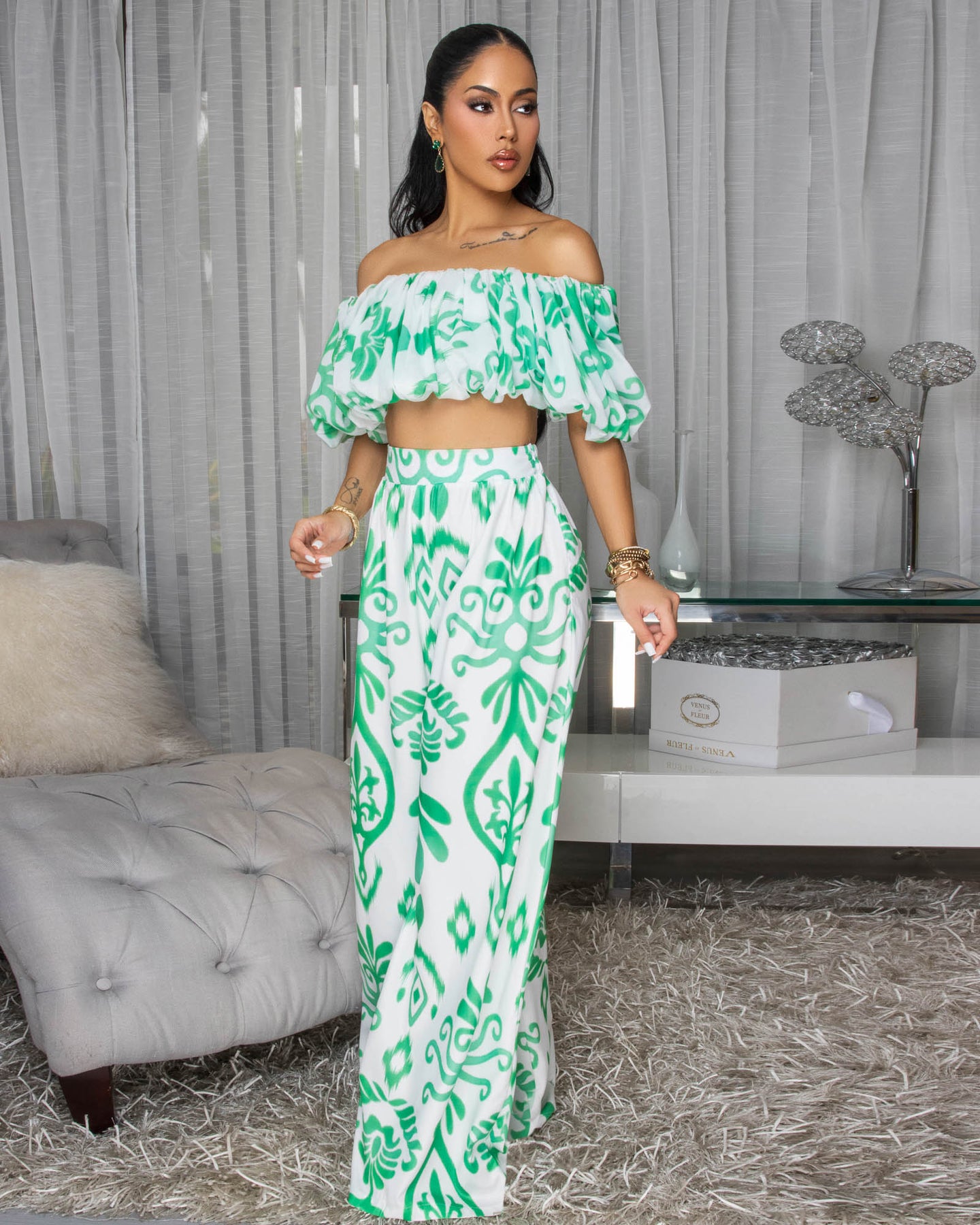Andy Off-White Green Print Ruffle Top & Pants Set