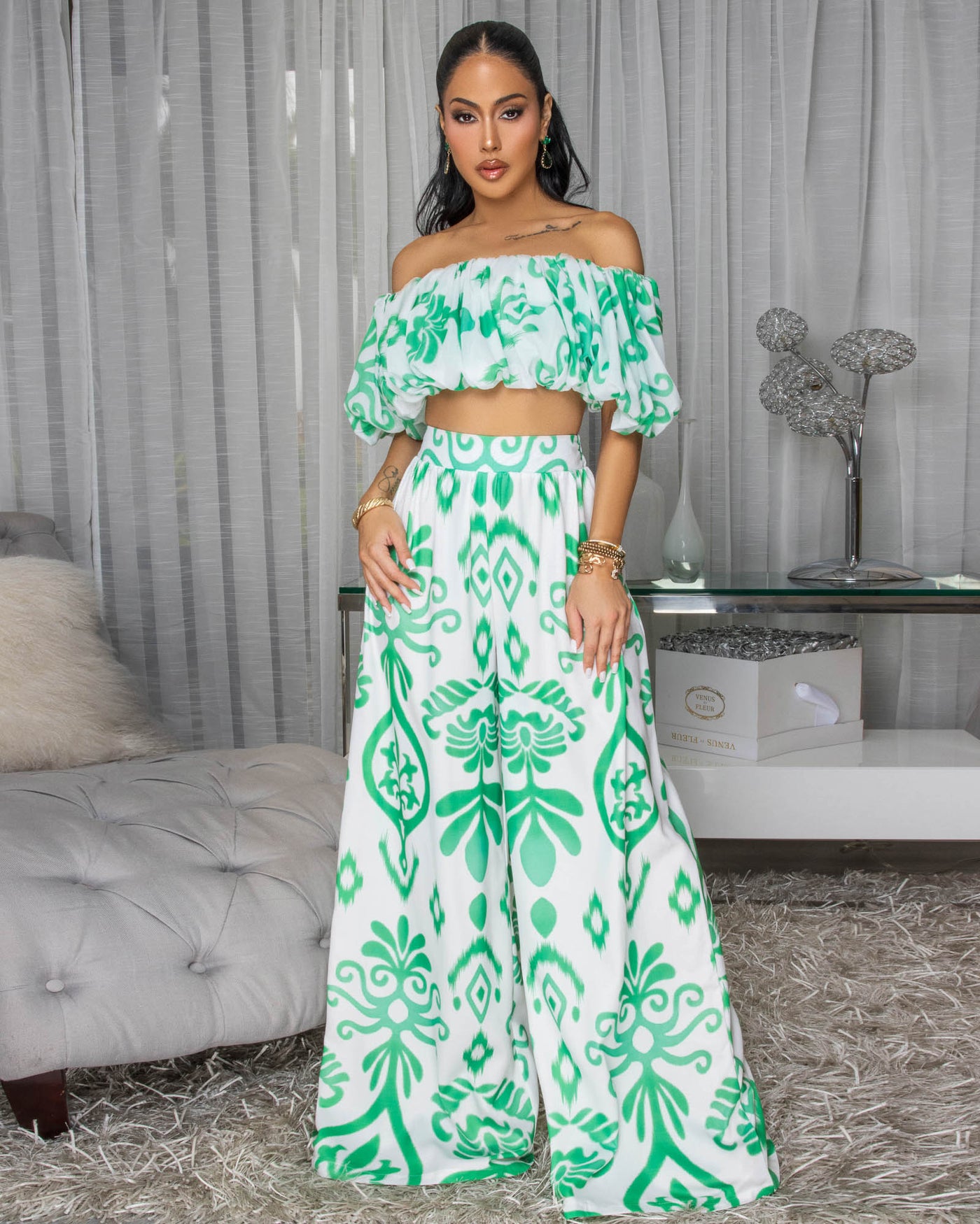 Andy Off-White Green Print Ruffle Top & Pants Set