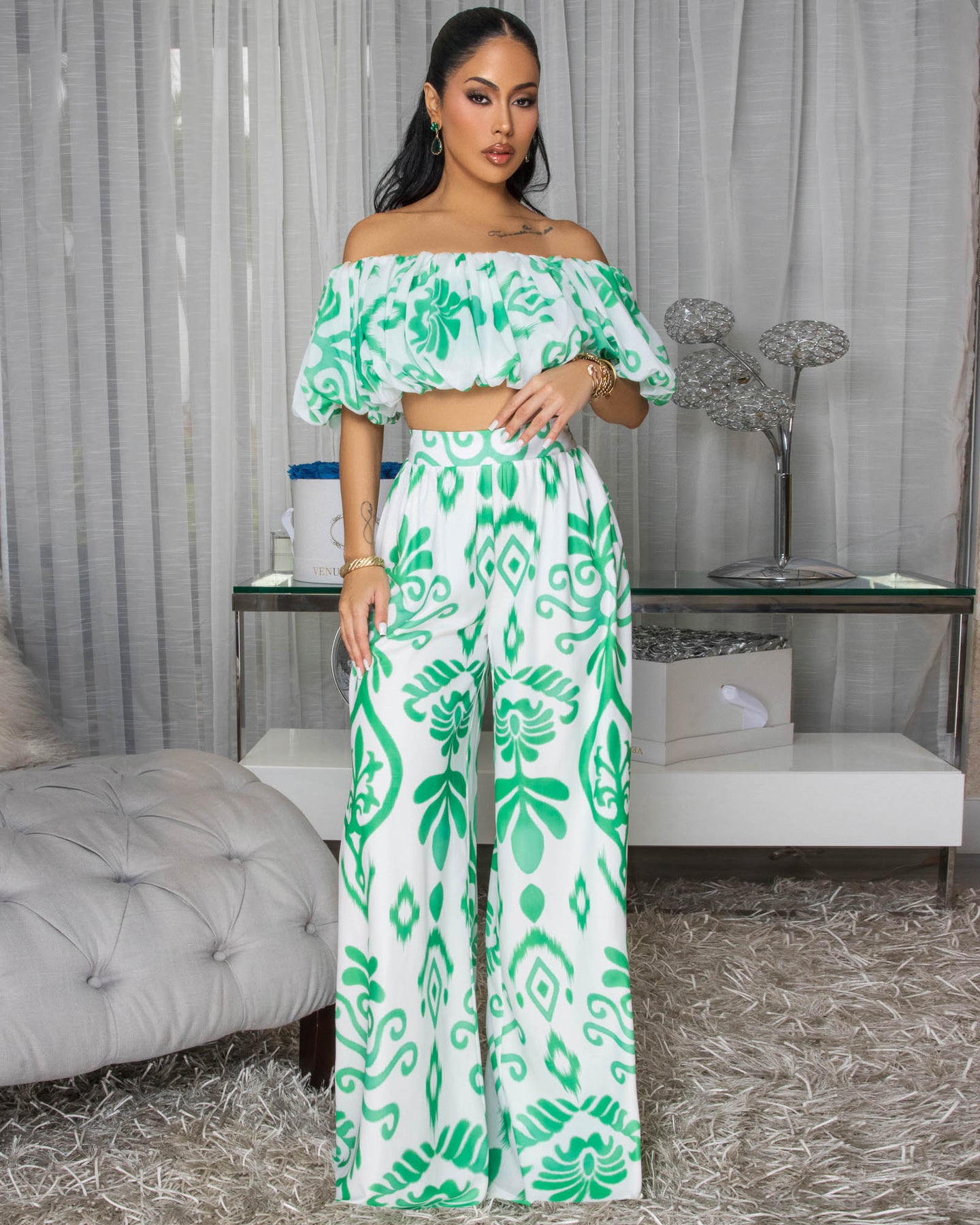 Andy Off-White Green Print Ruffle Top & Pants Set