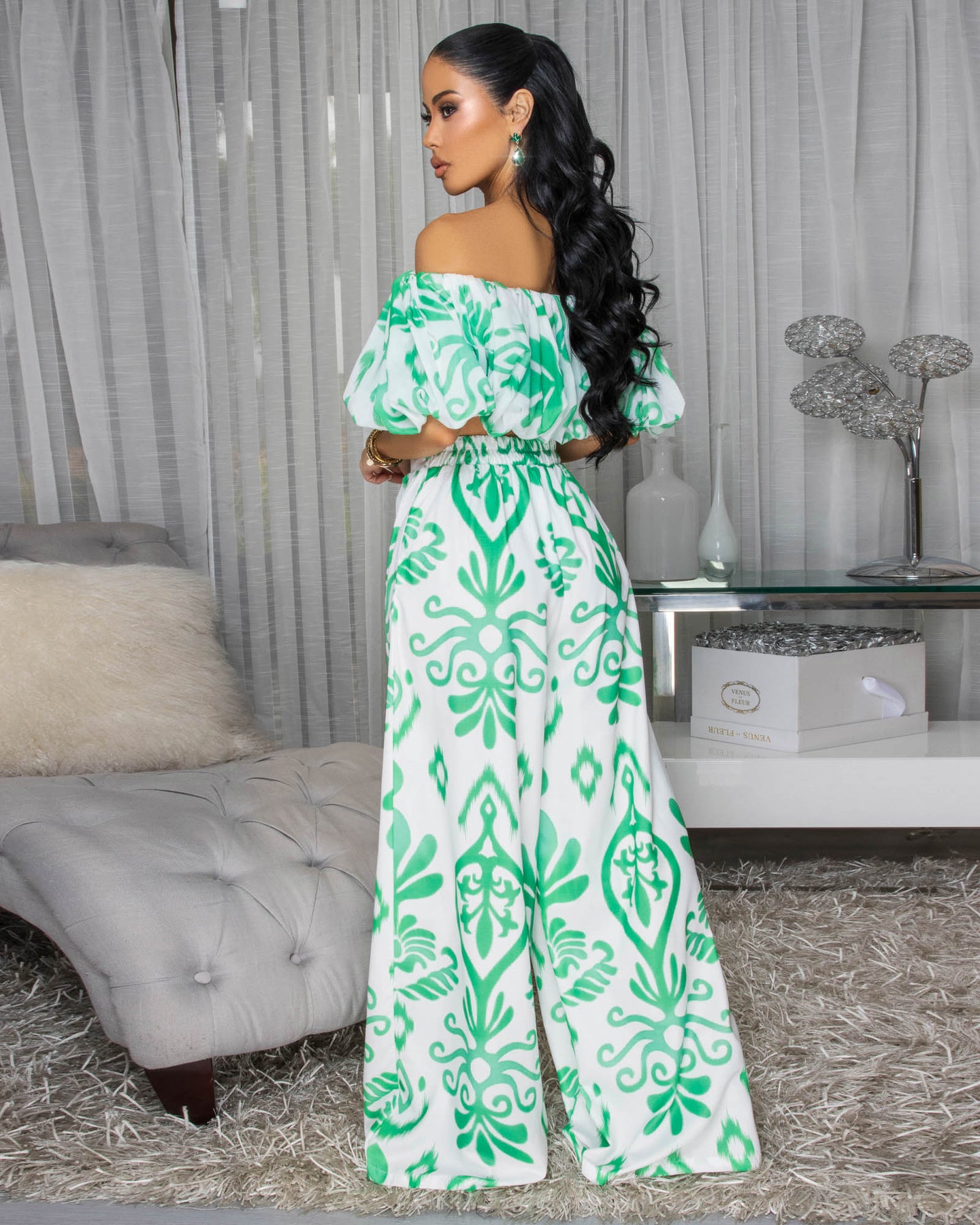 Andy Off-White Green Print Ruffle Top & Pants Set