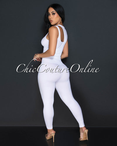 Vina White Key-Hole Ribbed Sculption Top & Leggings Set