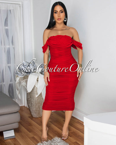 Becca Red Mesh Overlay Ruched Off-The Shoulder Midi Dress