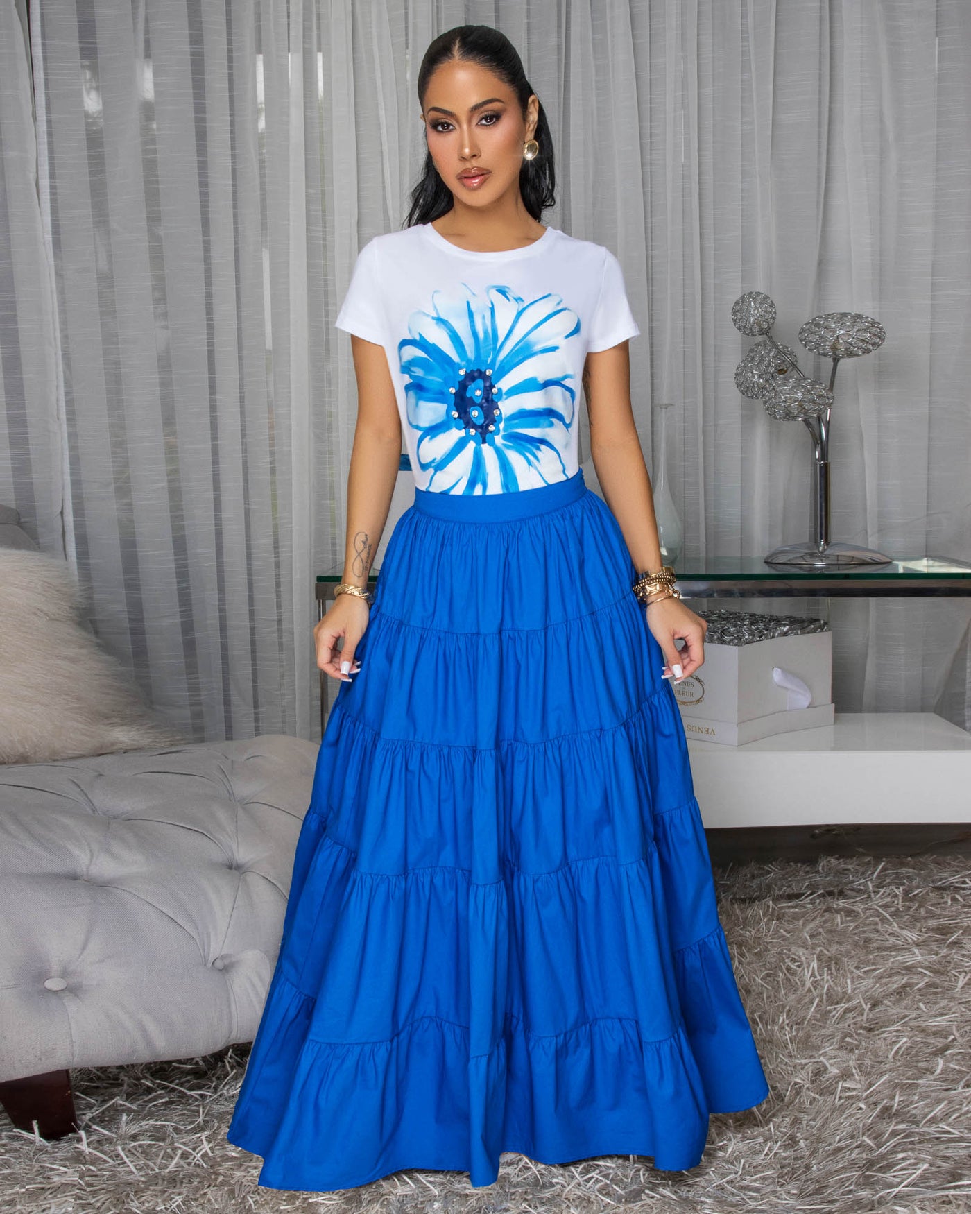 Kolinda Royal-Blue Tiered Maxi Skirt