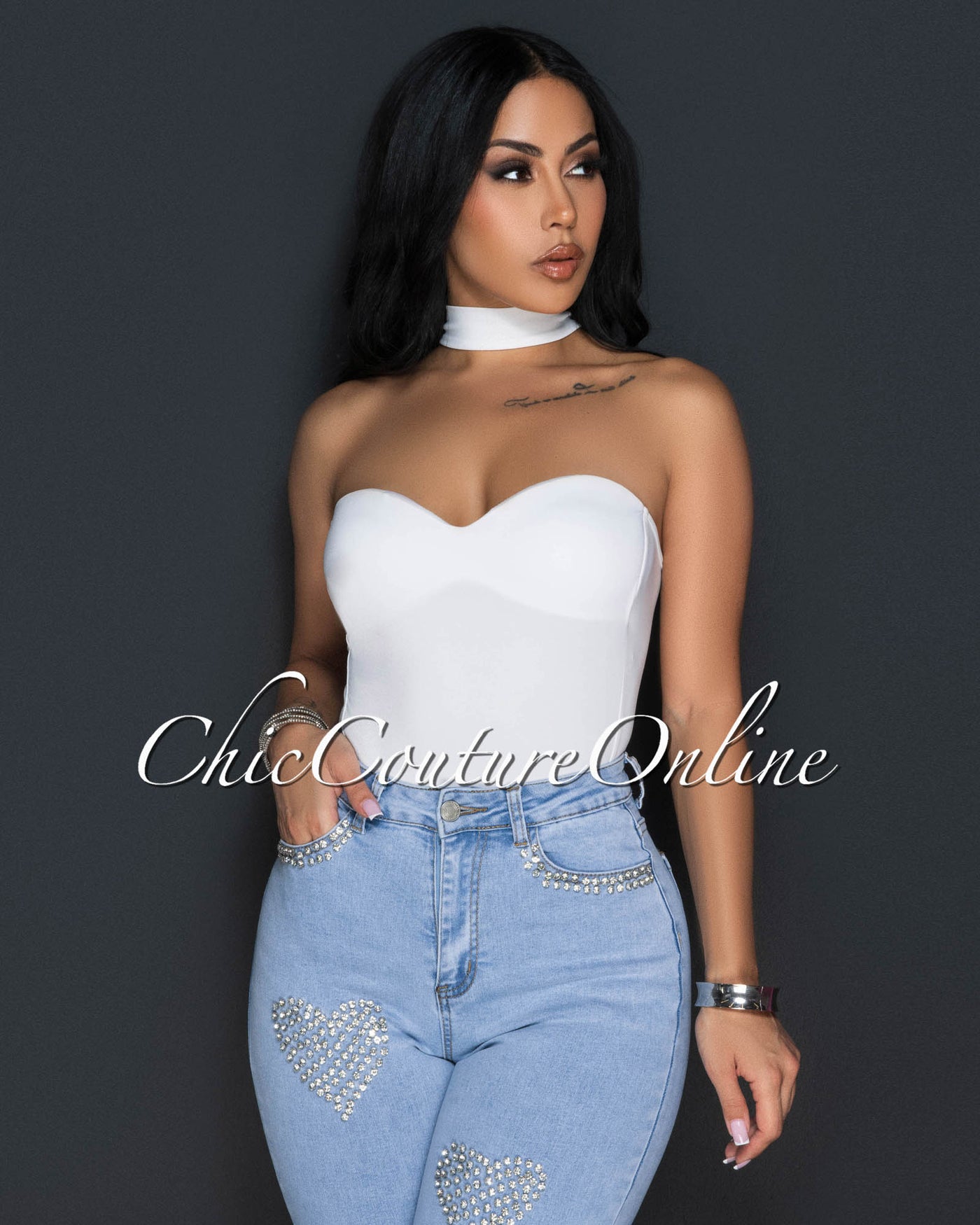 Lolana White Mock Neckline Bustier Bodysuit