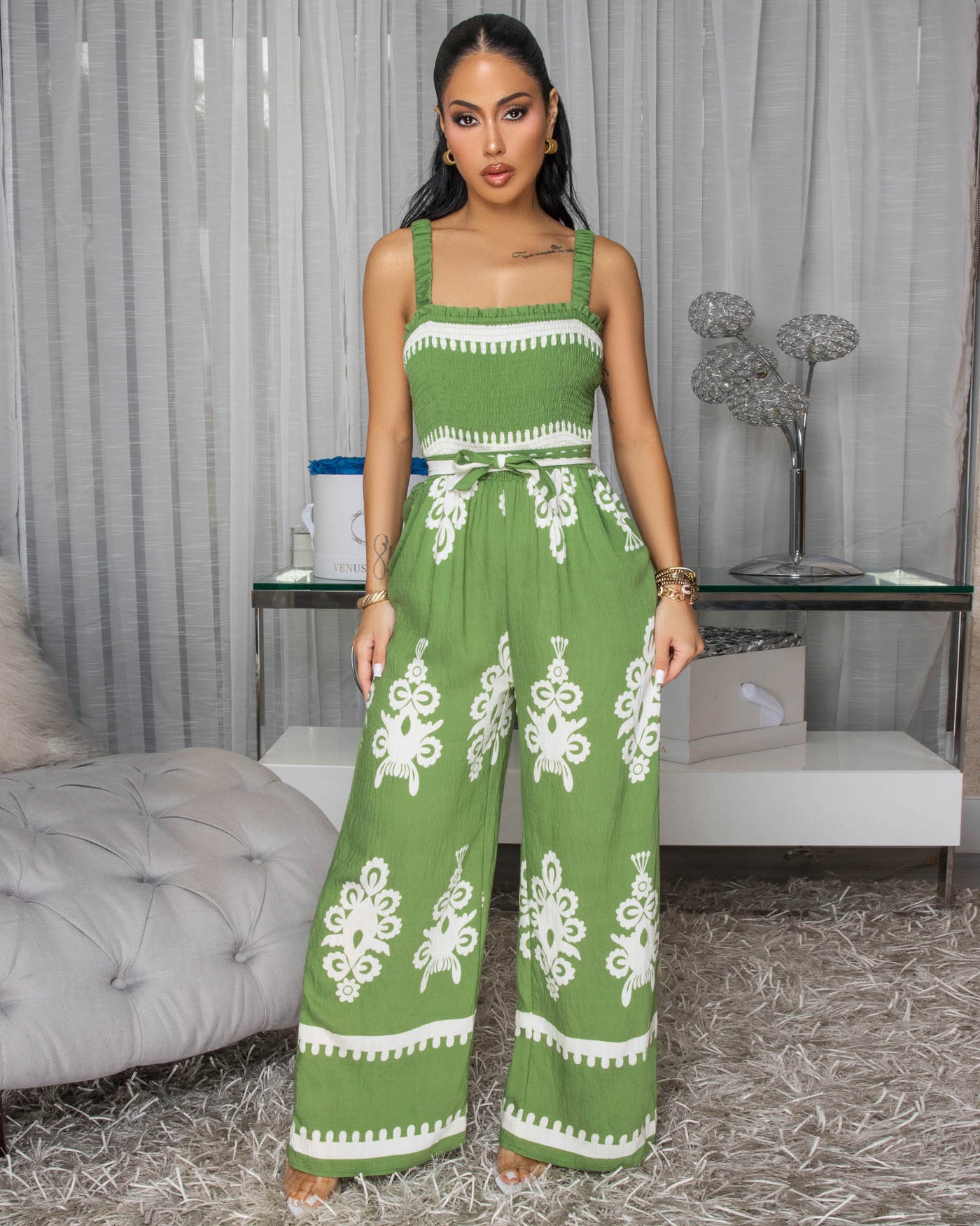 Liberty Olive Green Off-Print Woven Jumpsuit