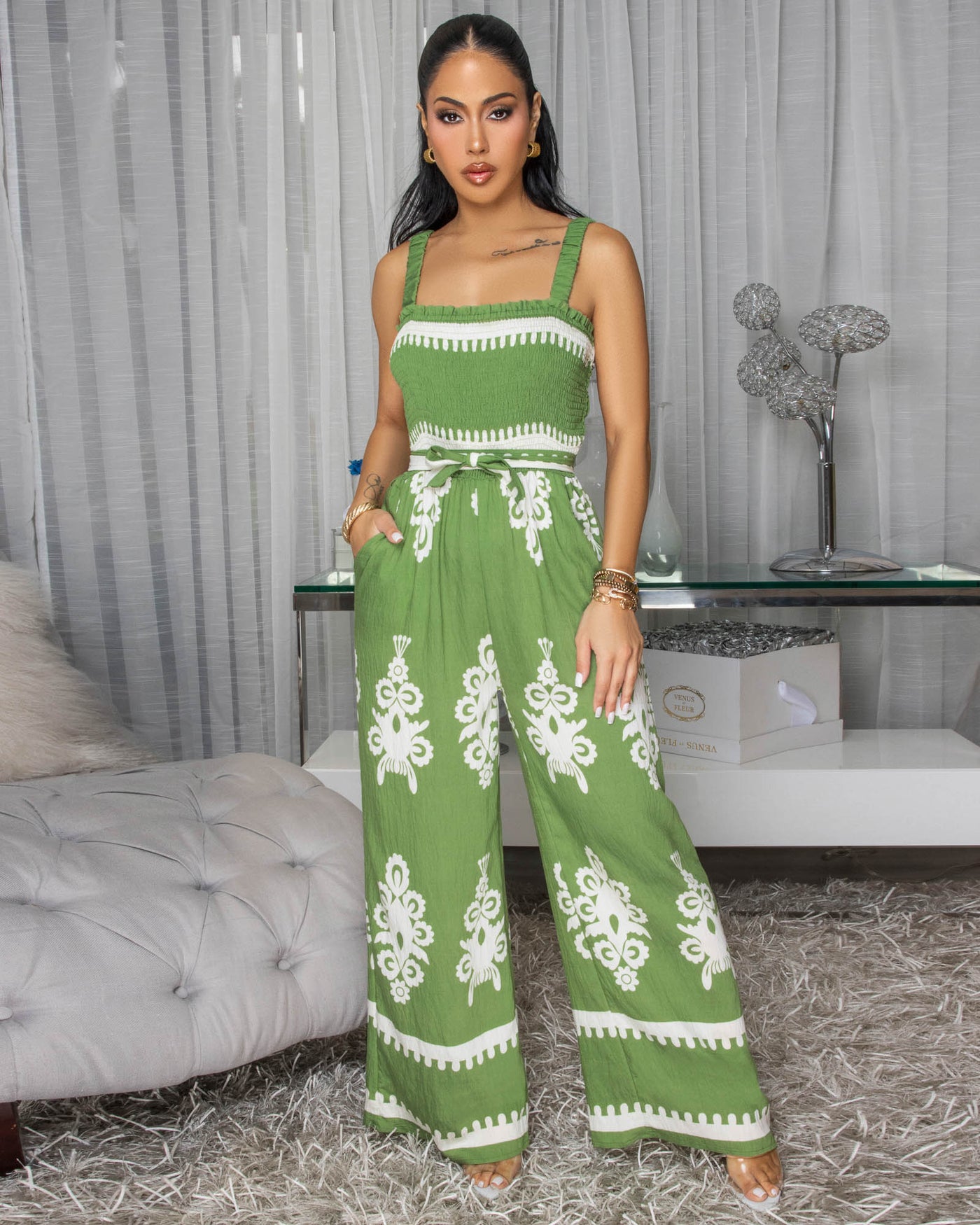 Liberty Olive Green Off-Print Woven Jumpsuit