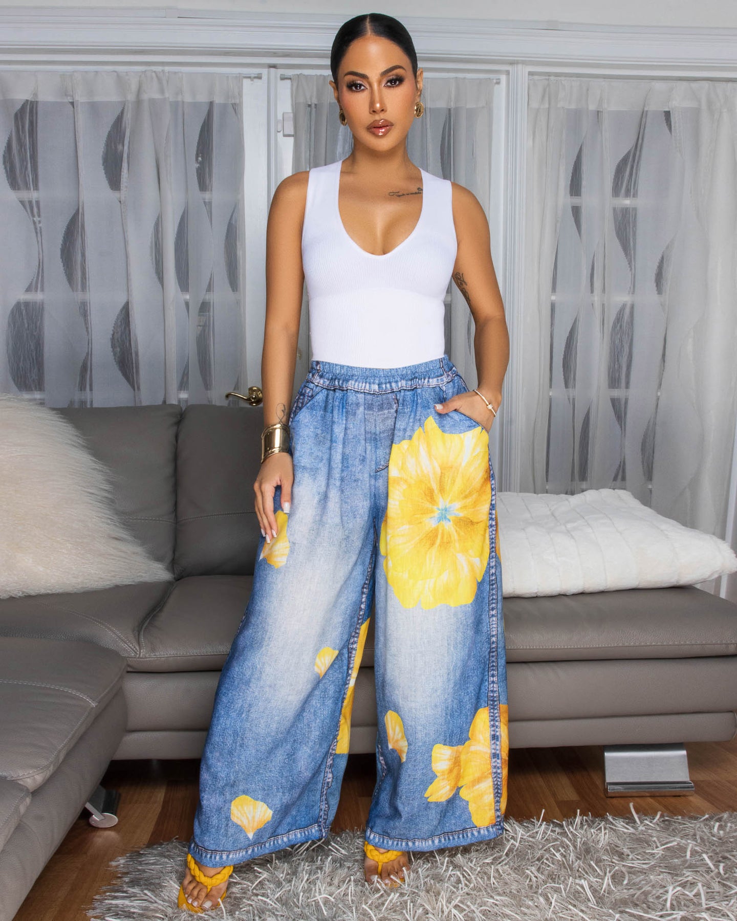 Tamsin Blue Denim Print Yellow Floral Linen Pants