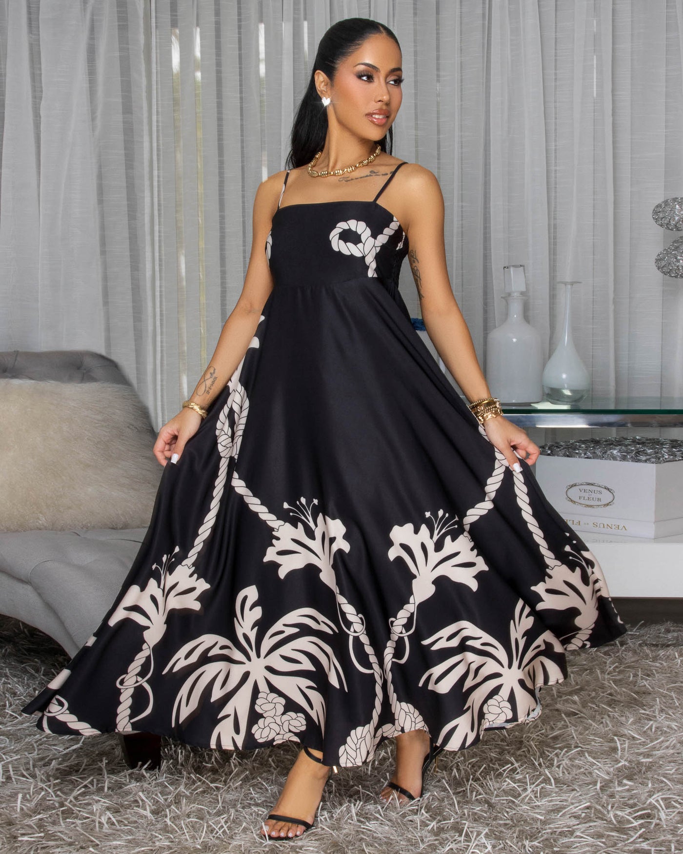 Emryn Black Nude Print Maxi Dress
