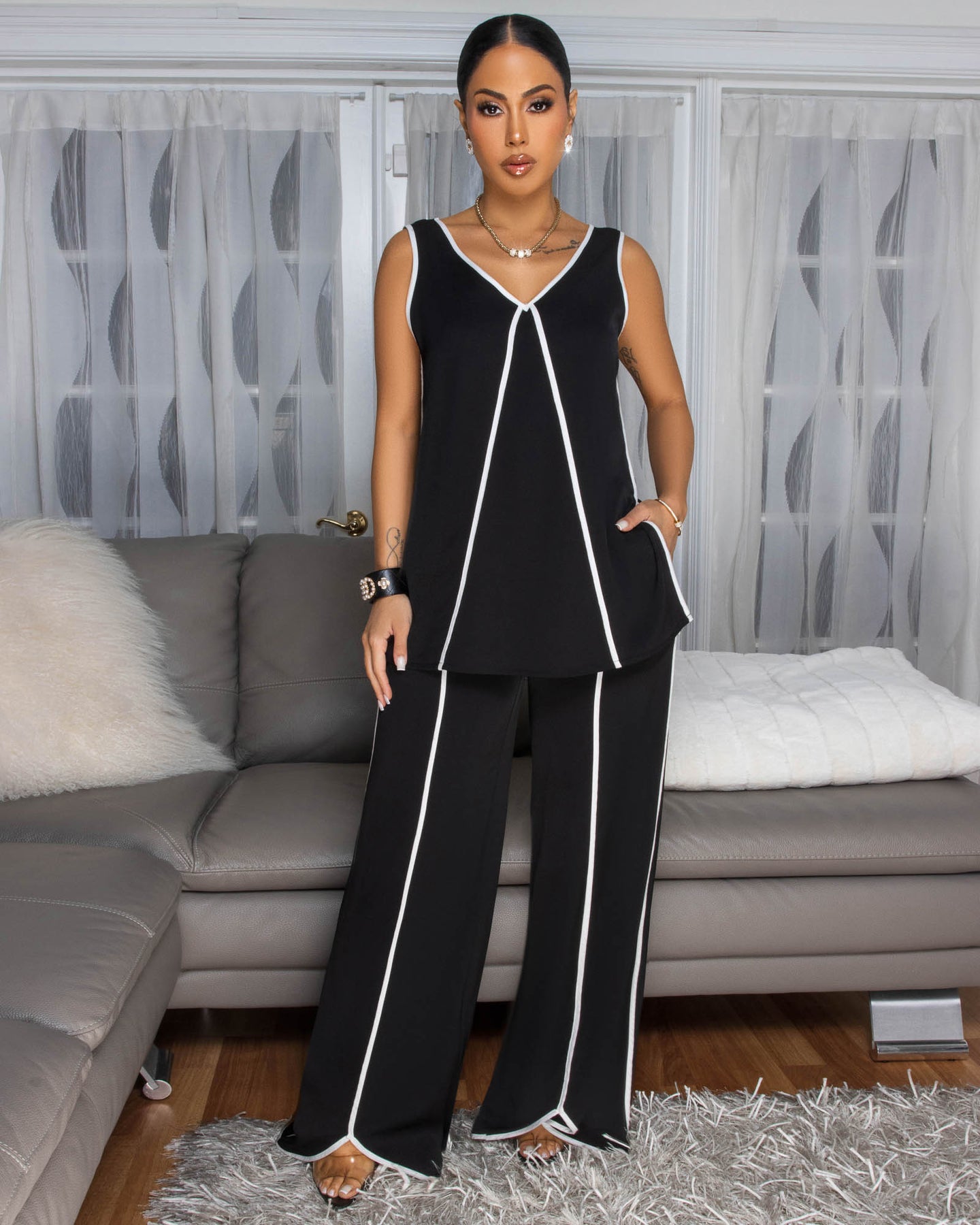 Violene Black White Trim Top & Pants Set