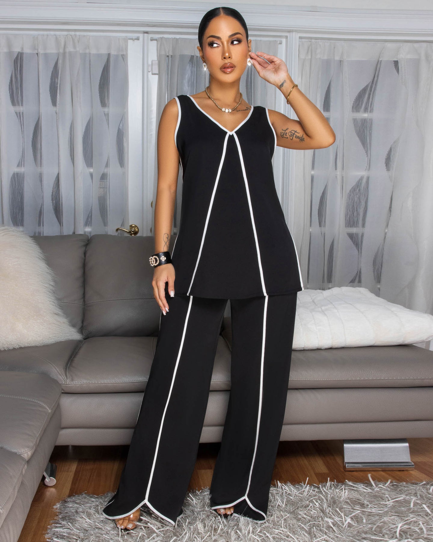 Violene Black White Trim Top & Pants Set