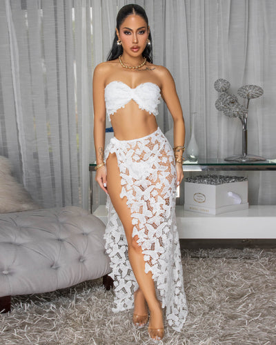 Kadijah White Bandeau Top & Crochet Cover-Up Skirt Set