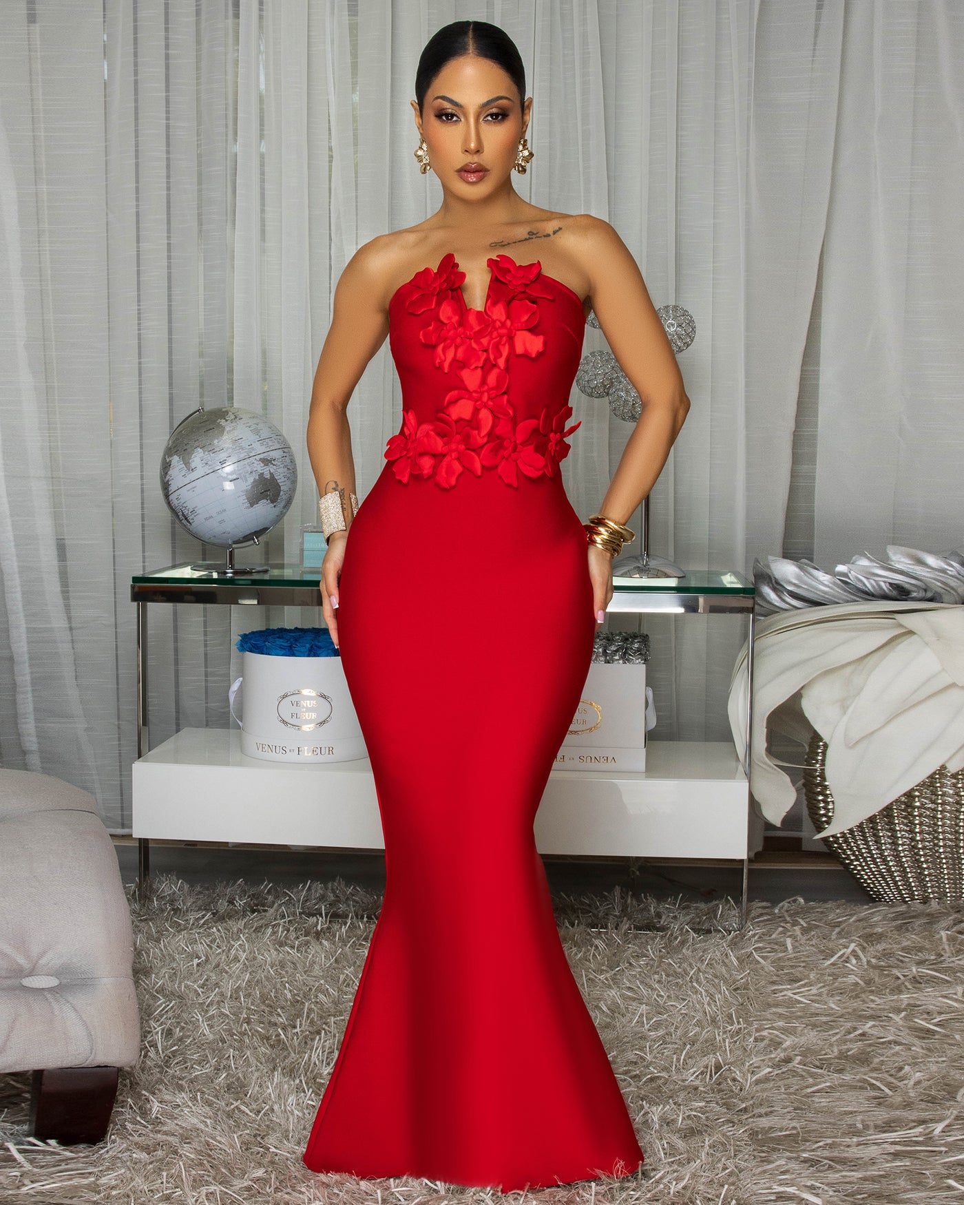 applique maxi dress Danae Red Strapless Floral Size:Custom Size (leaving a note) touch polyester with a African wax dresses Zapaka Women Black Red