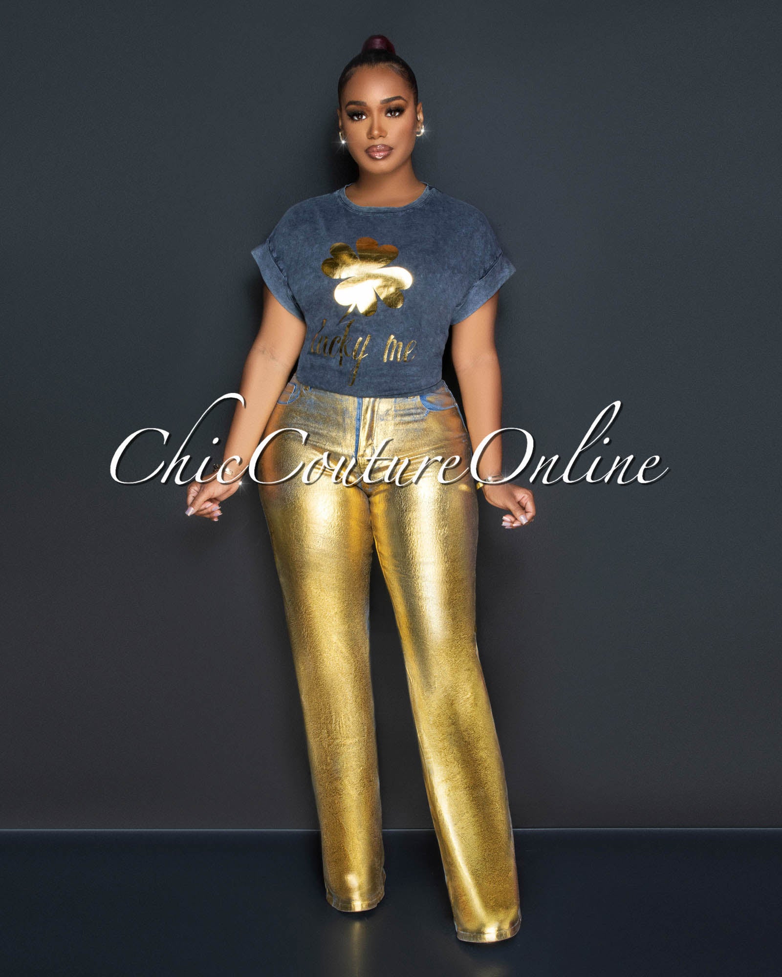 *Sally Denim Gold Foil Wide Jeans