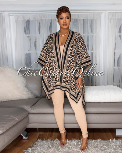 Selmane Nude Black Leopard Print  Knit Cardigan