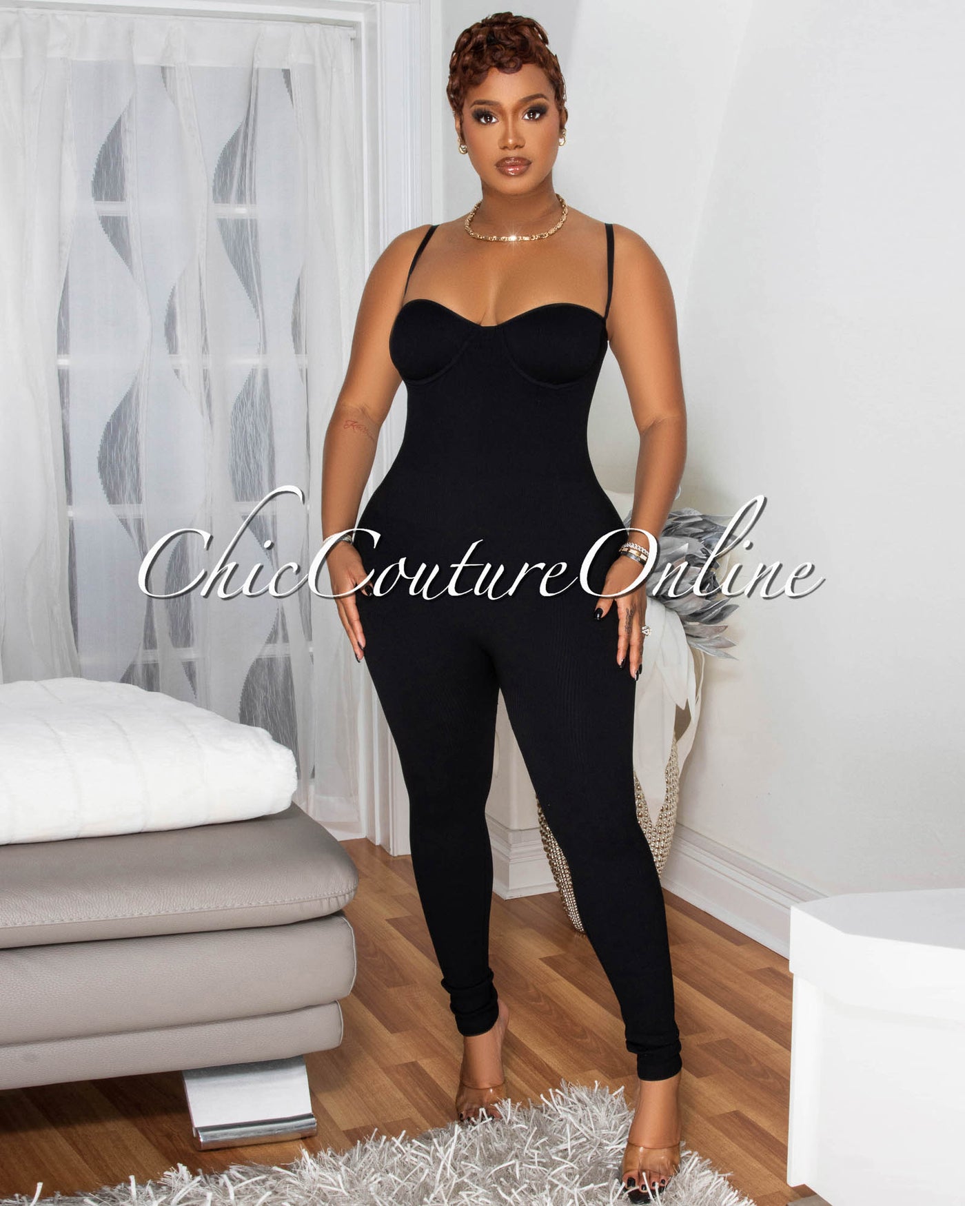 Leonie Black Ribbed BodyCon Jumpsuit (SHIPS 1/22)