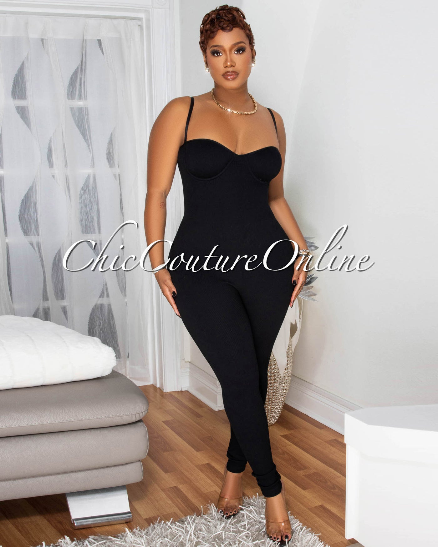 Leonie Black Ribbed BodyCon Jumpsuit (SHIPS 1/22)