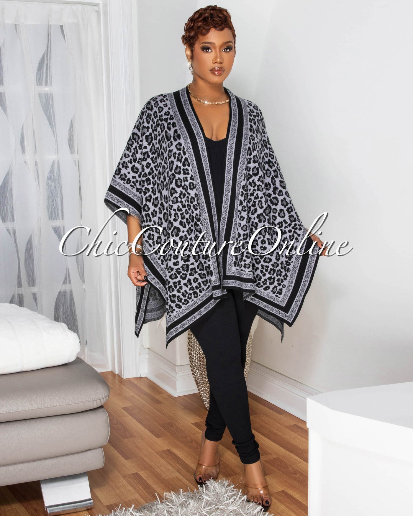 Selmane Grey Black Leopard Print  Knit Cardigan