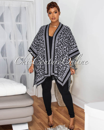 Selmane Grey Black Leopard Print  Knit Cardigan