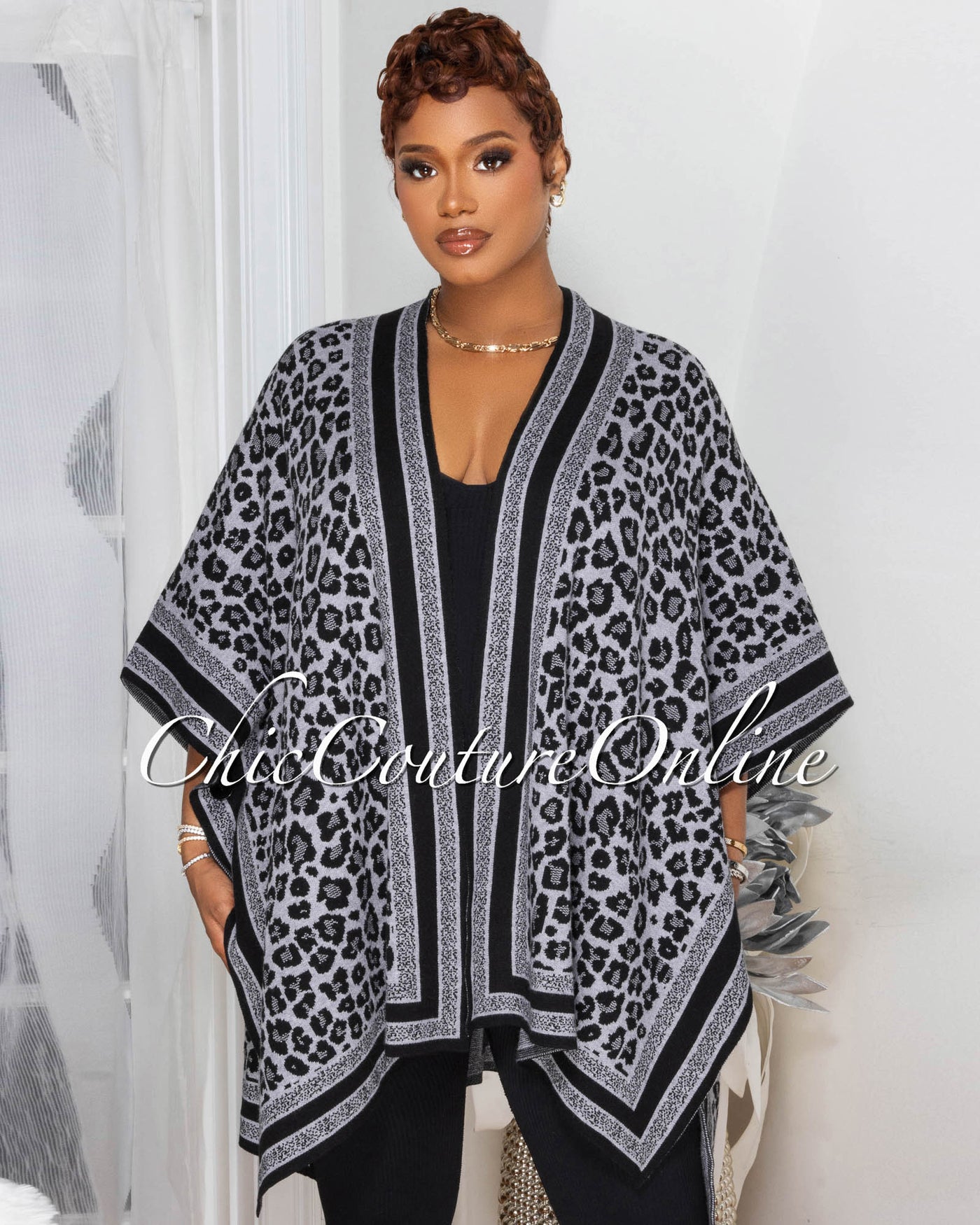 Selmane Grey Black Leopard Print  Knit Cardigan